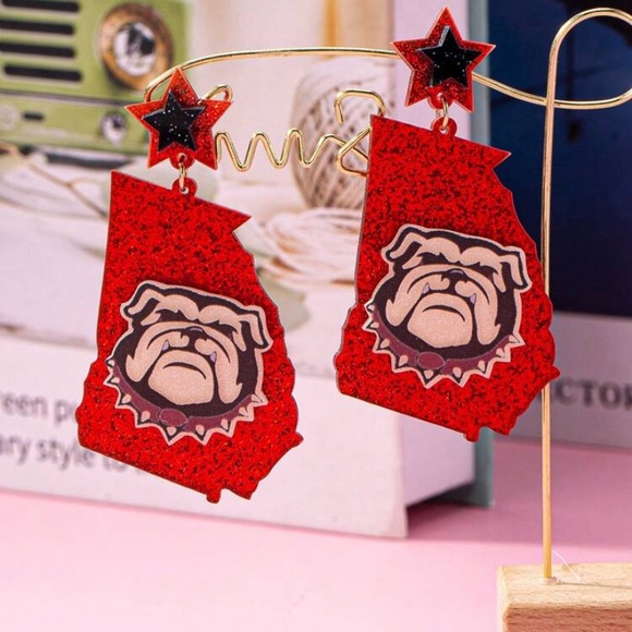 One of a Kind UGA (University of Georgia) Black and Red Bulldog Dangle Earrings - Picture 2 of 6